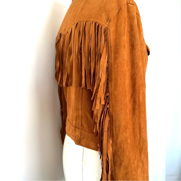FAUX SUEDE FRINGE ASYMMETRICAL MOTO JACKET IN COGNAC BROWNISH-ORANGE Sz. LG/XL - Picture 6 of 12